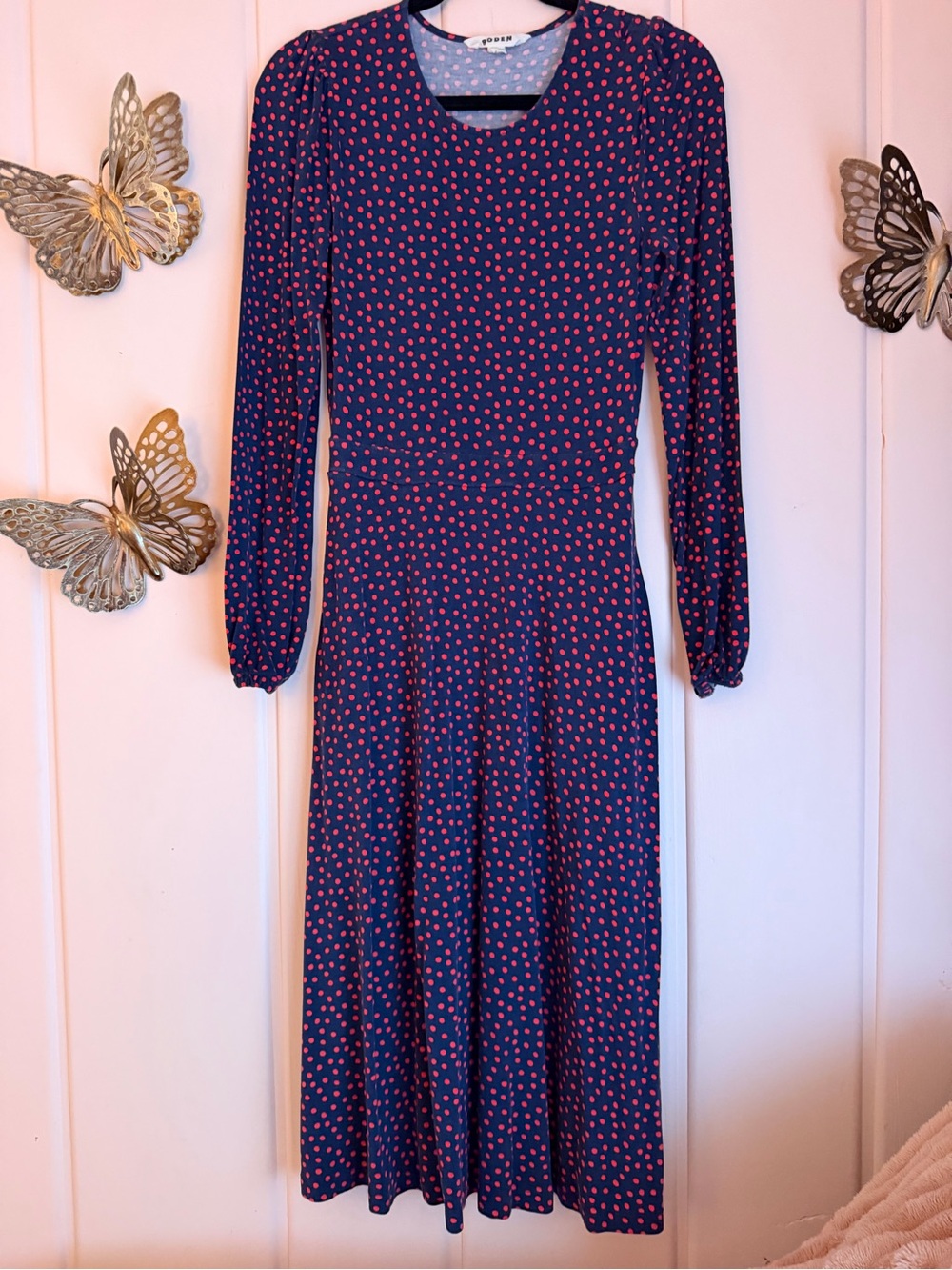 Boden Navy Midi Dress with Pink Polka Dots sz4R